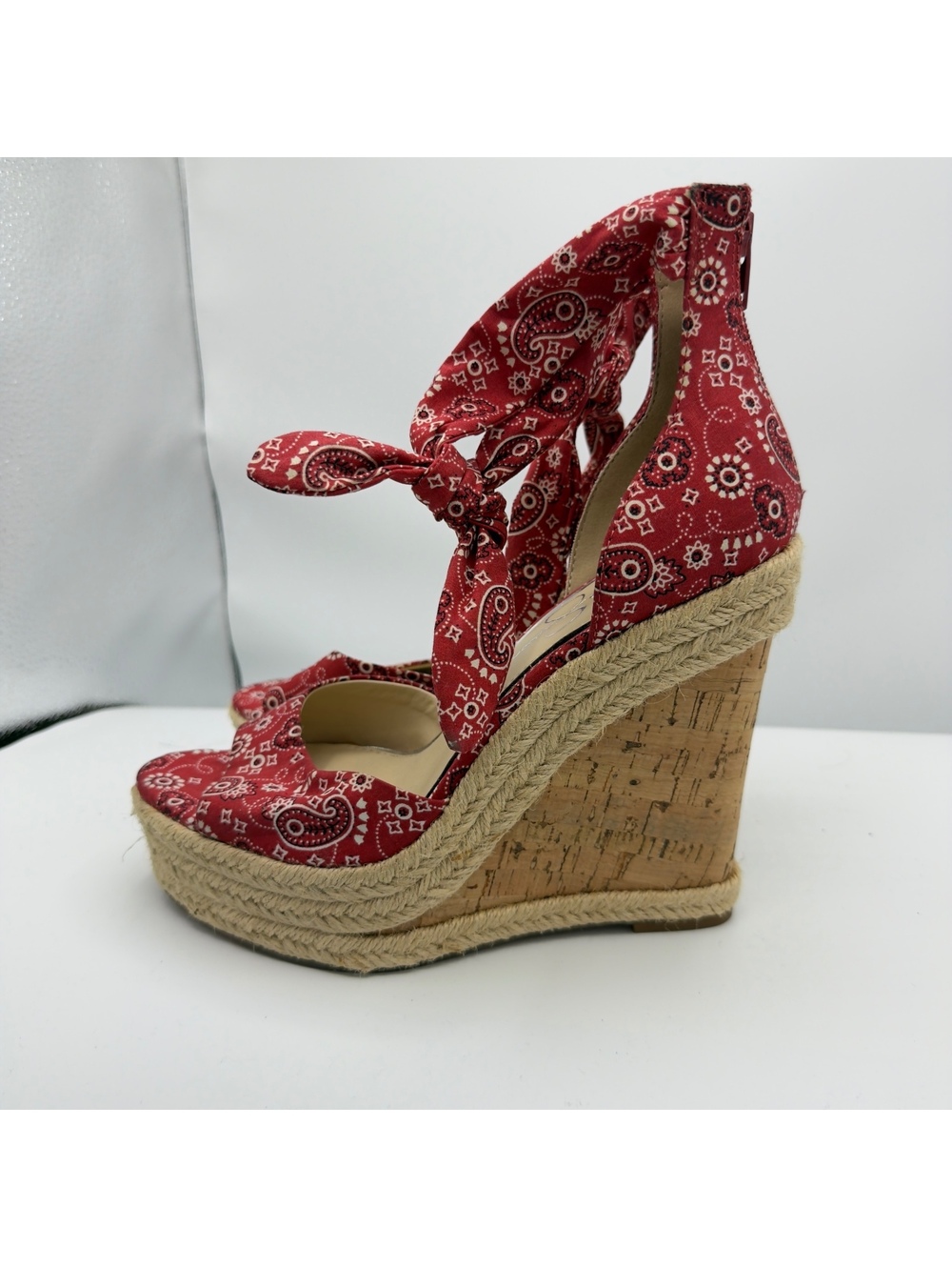 Y2K Jessica Simpson Red Bandana Paisley Espadrille Platform Wedge Heels Size 8M